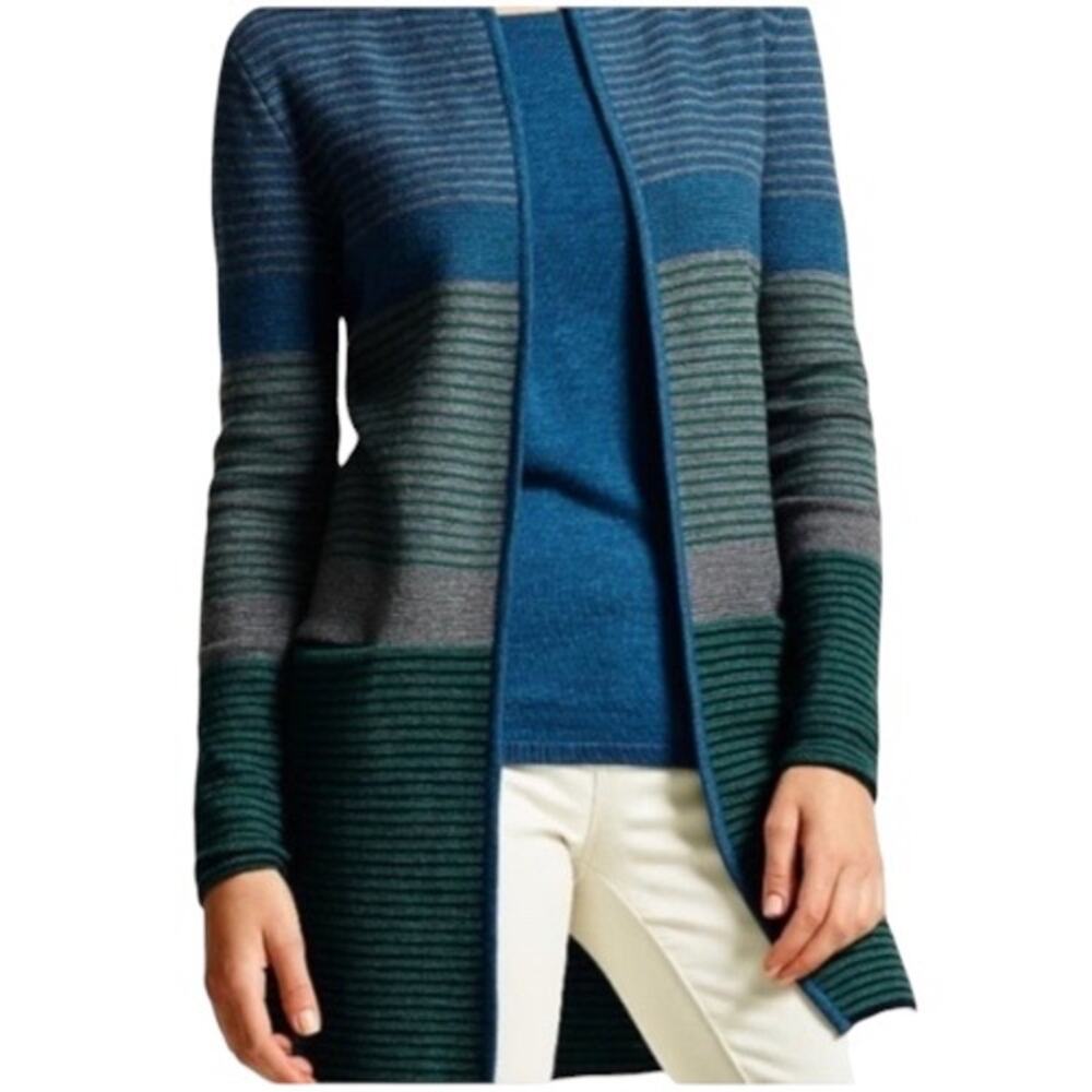 Preppy Pure Merino Wool Talbots Stripe Open Front Long Duster Cardigan Sz XL